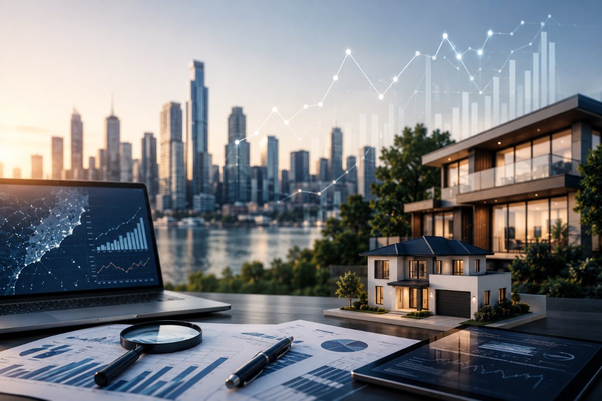 Property data analysis: city skyline, modern homes, and market charts